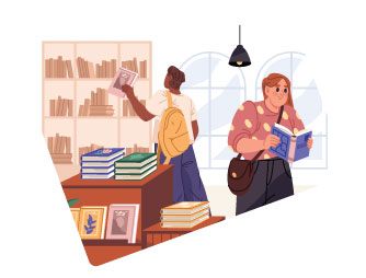 Illustration of people reading in a library