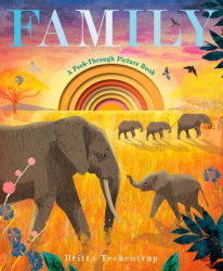 A yellow cover with a nature scene with a group of elephants
