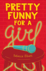 Red cover with yellow letters and a red stool with a blue microphone