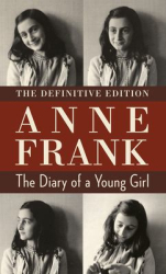 four pictures of Anne Frank with white letters