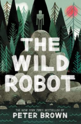 A forest scene with a robot standing on rocks