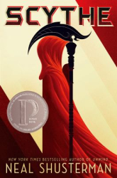 a red and white cover with a person in a hooded red cloak holding a scythe a 