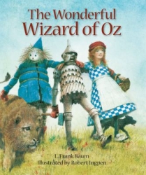A lion, a scare crow, a tin man, a girl, and a dog walking in a field