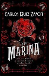 Marina Book Cover: A red Rose Over a black background