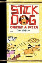 Four cartoon dogs look at another cartoon dog chasing a pizza.