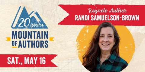 Mountain of authors logo featuring Randi Samuelson-Brown, the keynote author at Mountain of Authors. This event is happening Saturday., May 16