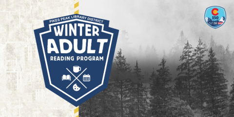 A snowy landscape of trees with a badged shaped logo that says "Winter Adult Reading Program"