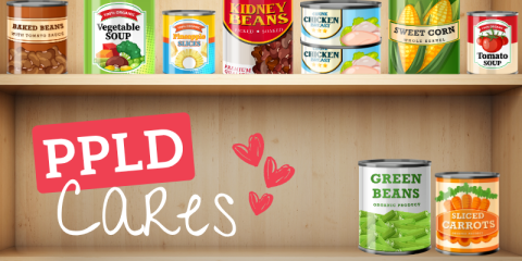 PPLD Cares headline with hearts. The words are sitting on a pantry shelf with canned food around it