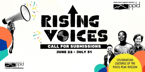 Headling for Rising VOices call for Submissions with an arrow running through the text and a graphical bubble element with a group of people