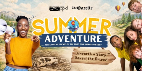 A group of kids and a young adult women gathered around a headline that says "Summer Adventure" 