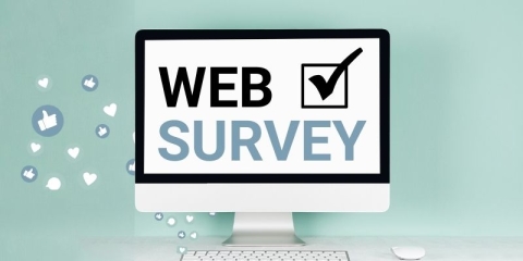 A computer screen with the headline "Web Survey" written on the screen with a black checkmark