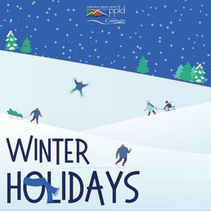 Winter Holidays 2022 Blog A snowy, hilly landscape with people sledding and making snow angels. Text reads "Winter Holidays."