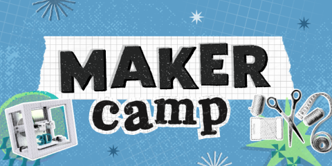 A graphic showing a 3D printer and audio recording equipment. Text set against graphing paper reads, “Maker Camp"