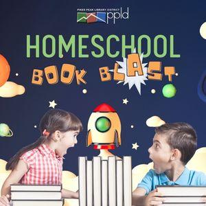 Two children look excited on either side of a stack of books. An illustrated rocket lifts off between them. Text reads "Homeschool Book Blast."