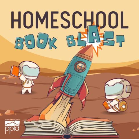 Graphic with a cartoon spaceship with the words "Homeschool Book Blast"