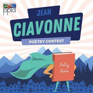 A book with arms and legs and wearing a superhero cape poses like a superhero in front of mountains and houses. Text reads "Jean Ciavonne Poetry Contest"
