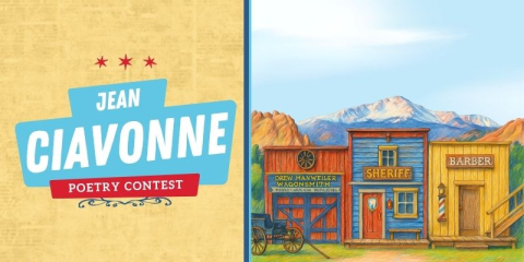 An illustration of an old west mountain town storefront with the Headline "Jean Ciavonne Poetry Contest"