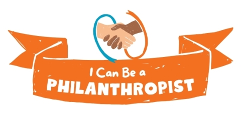 two hands shaking with a ribbon that says "I can be a Philanthropist"