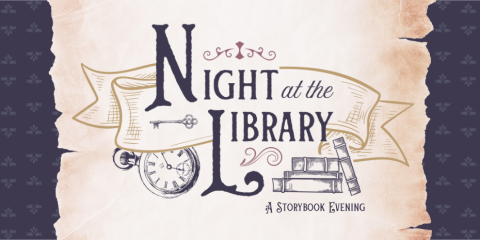 Night at the Library Headline with an illustration of a watch and a stack of books