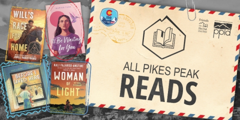 All Pikes Peak Reads logo on a postcard featuring all four APPR book covers