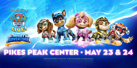 A graphic featuring a collection of characters nicknamed "Paw Patrol" then below that is the headline Pikes Peak Center • May 23 & 24
