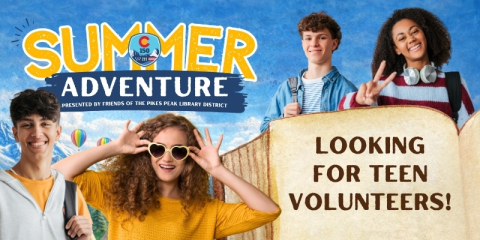 A group of kid posing in front of headline that reads "Summer Adventure". There is an illustrative book that reads "looking for teen volunteers!