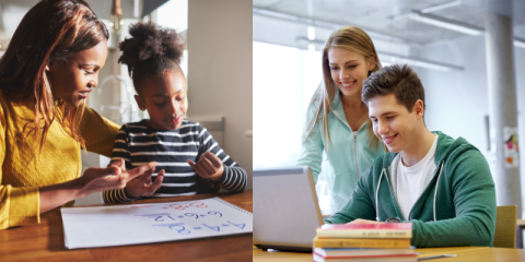 An elementary school student and a high school student get homework help from adults. 
