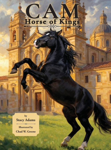 Book jacket with a black horse and palatial building in background