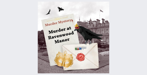 over a stock image of a mansion, a raven perches on an envelope. A document reads "Murder Mystery: Murder at Ravenwood Manor"