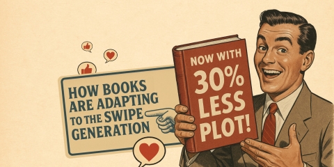 A retro illustration of a man holding up a book with the cover saying "Now with 30% less plot!" and another headline saying "How books are adapting to the swipe generation