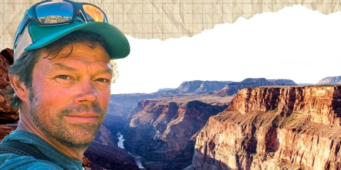 Pete McBridge pictured above a Colorado Canyon with a river ranging through it.