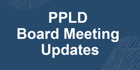 A large blue graphic with the headline "PPLD Board Meeting Updates"