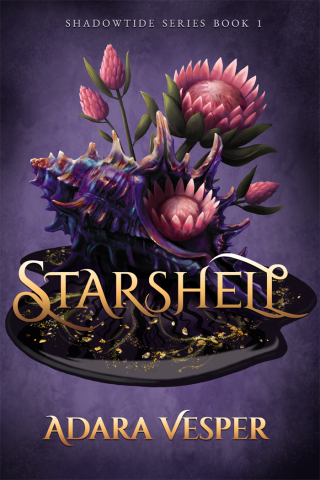 Book jacket image with purple and pin flowers for Starshell by Adara Vesper