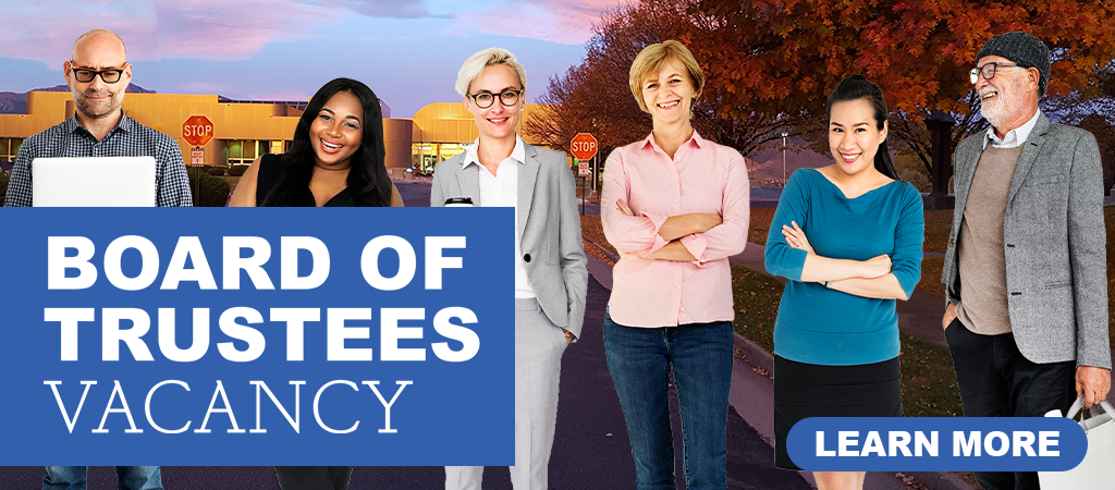 A group of young professional posing together with the words "Board of Trustees Vacancy" next to them