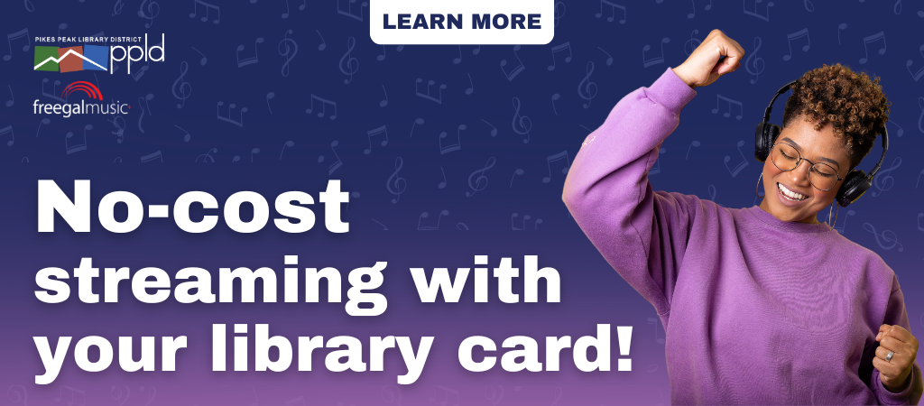 Girl with Headphones with the words "No-cost streaming with your library card!" next to her