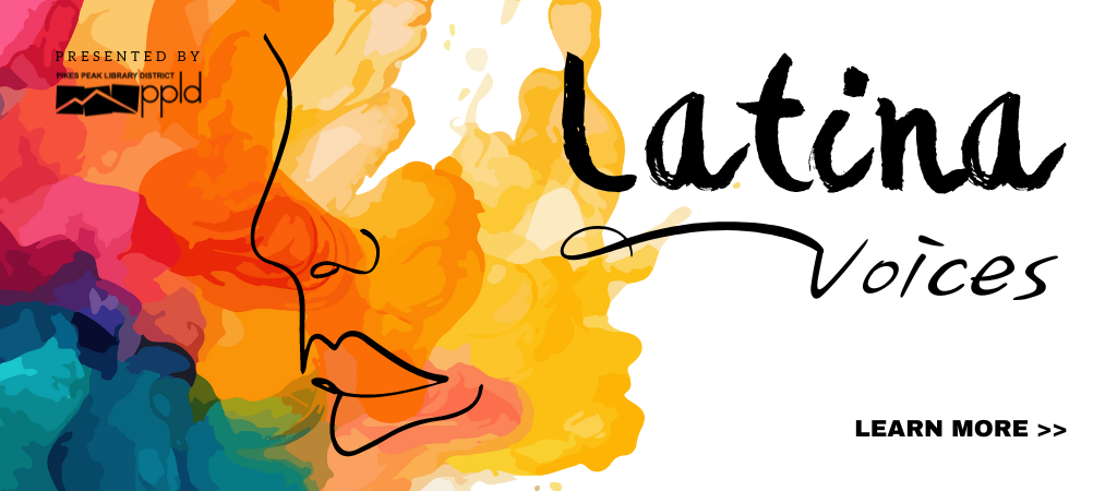 A splash of color and the outline of a woman's face with the words "Latina Voices"