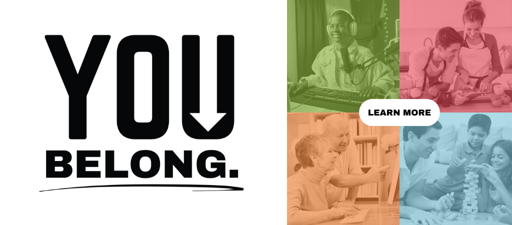 Graphic with four patrons using different resources from the library with the text "You Belong"