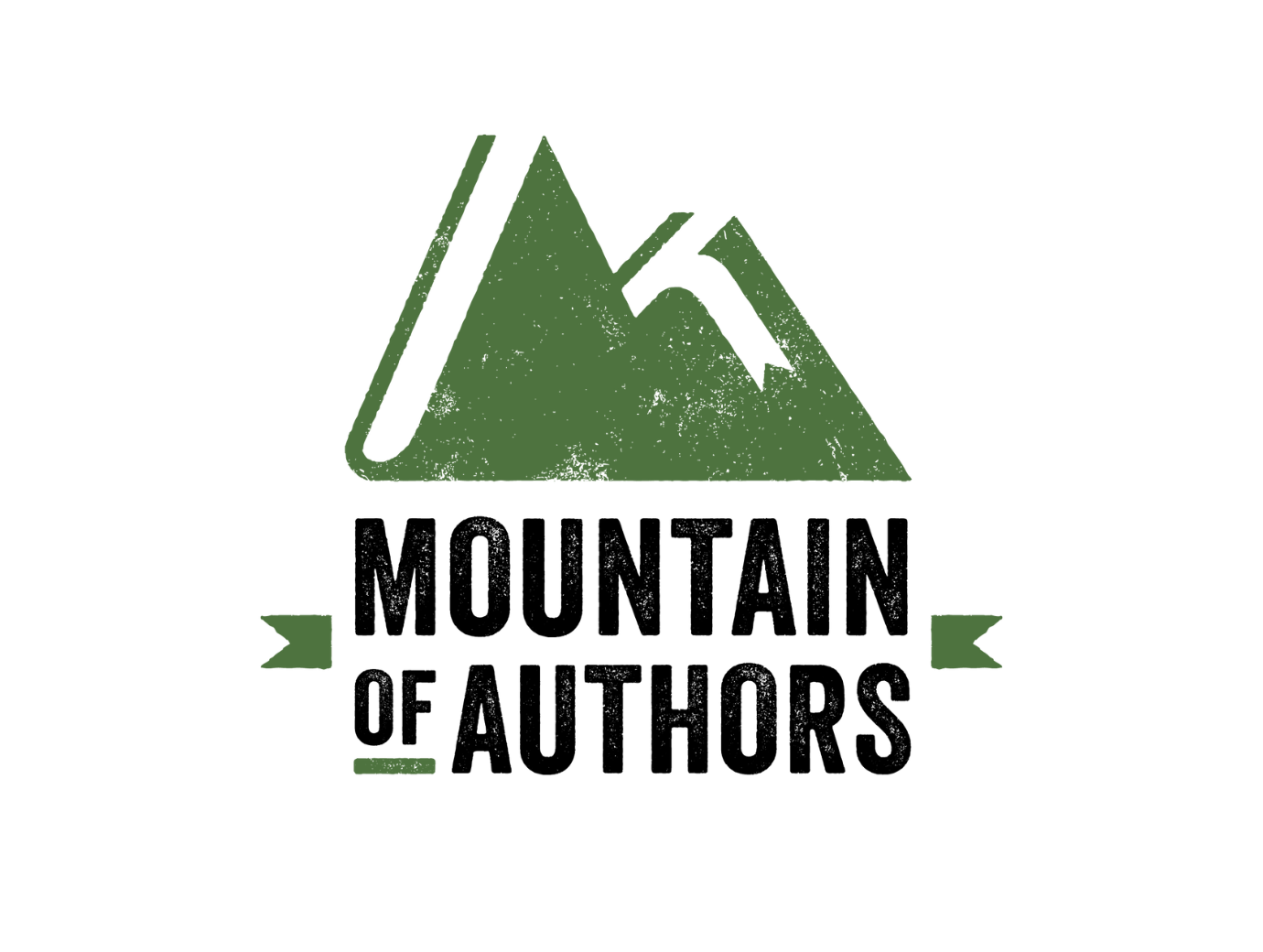 Mountain of Authors Logo with a green stack of books that resemble two mountains